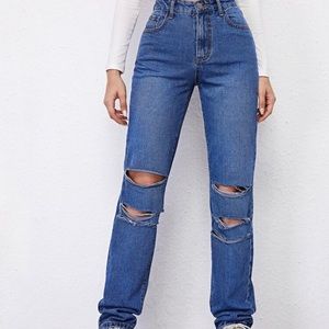 High Waisted Ripped Straight Jeans